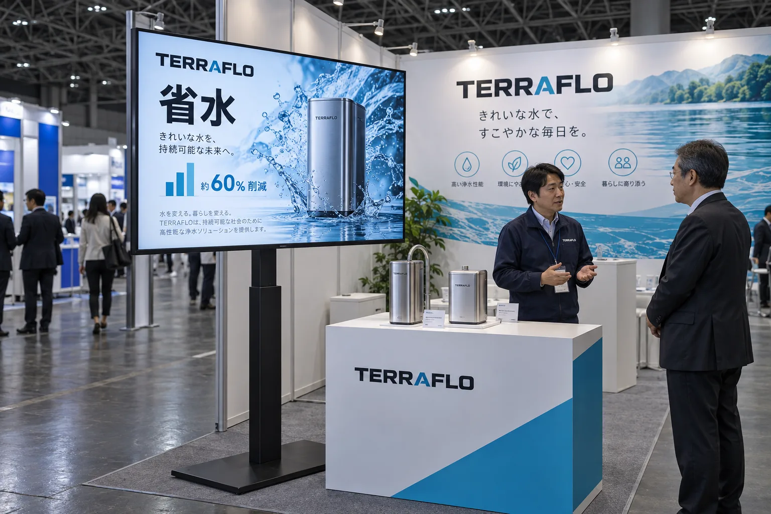 1小間のブースの角に、65インチの液晶モニターを床置きのスタンドで立て、通路の方へ向けている。カウンター越しにスタッフが来場者と話している