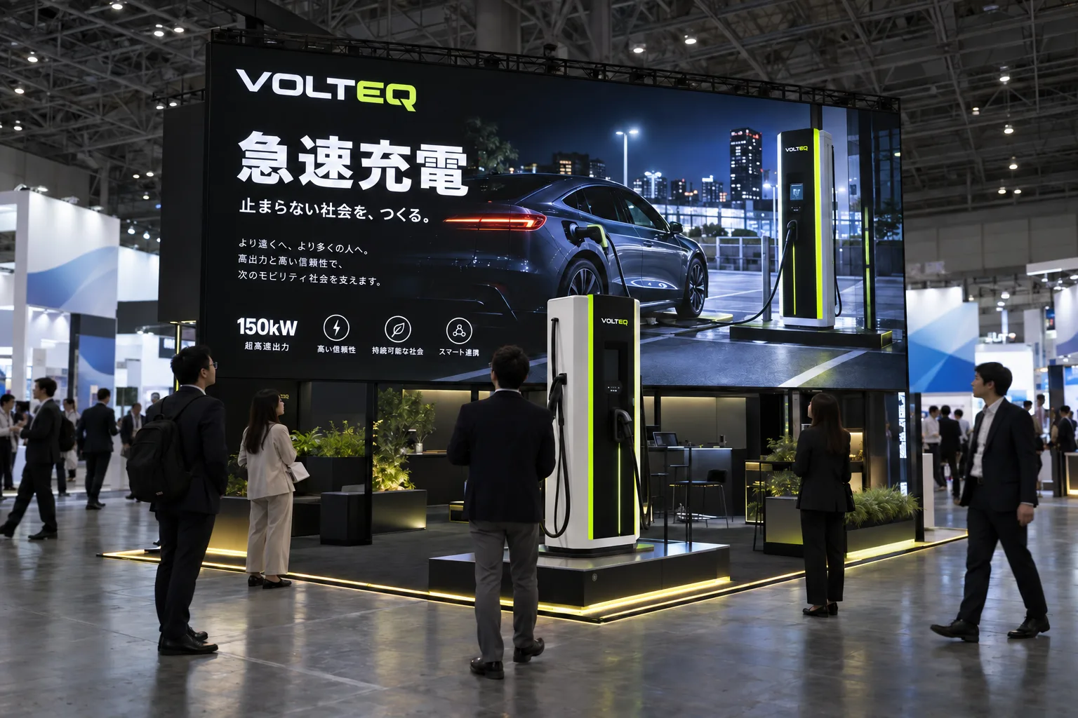 広いブースの奥に横5mほどのLEDビジョンを自立フレームで立て、通路の離れた位置から来場者が見上げている