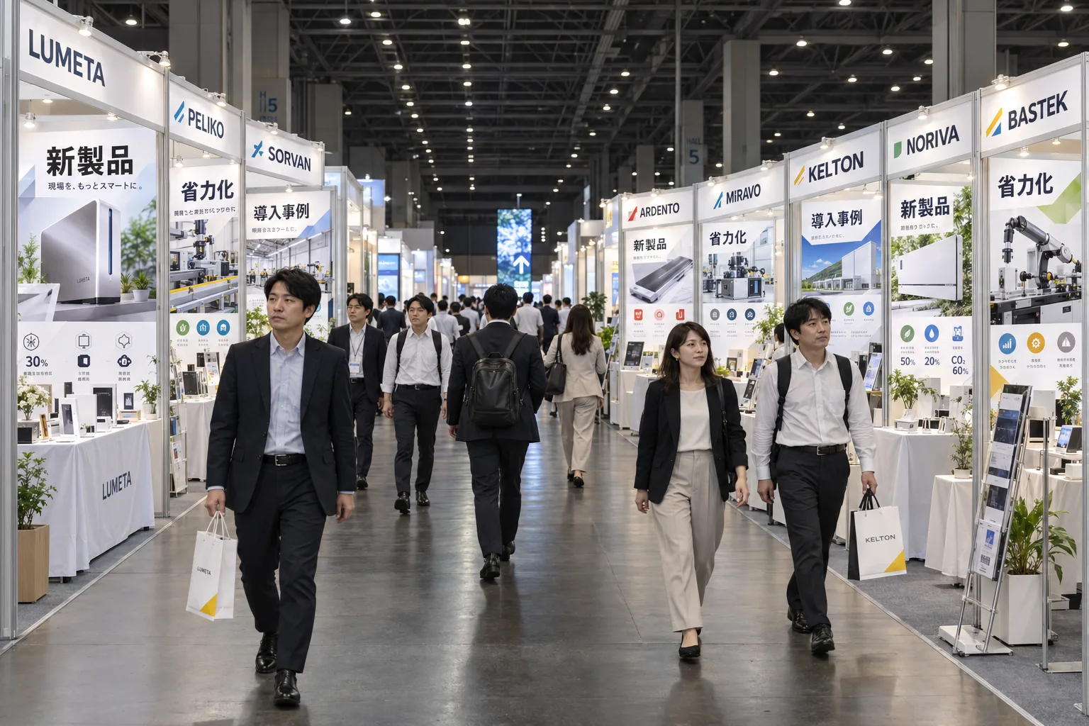 展示会の通路を来場者が歩いていく。左右に白い壁にポスターを貼った似たようなブースが並び、多くの人はブースの方を見ずに歩いている