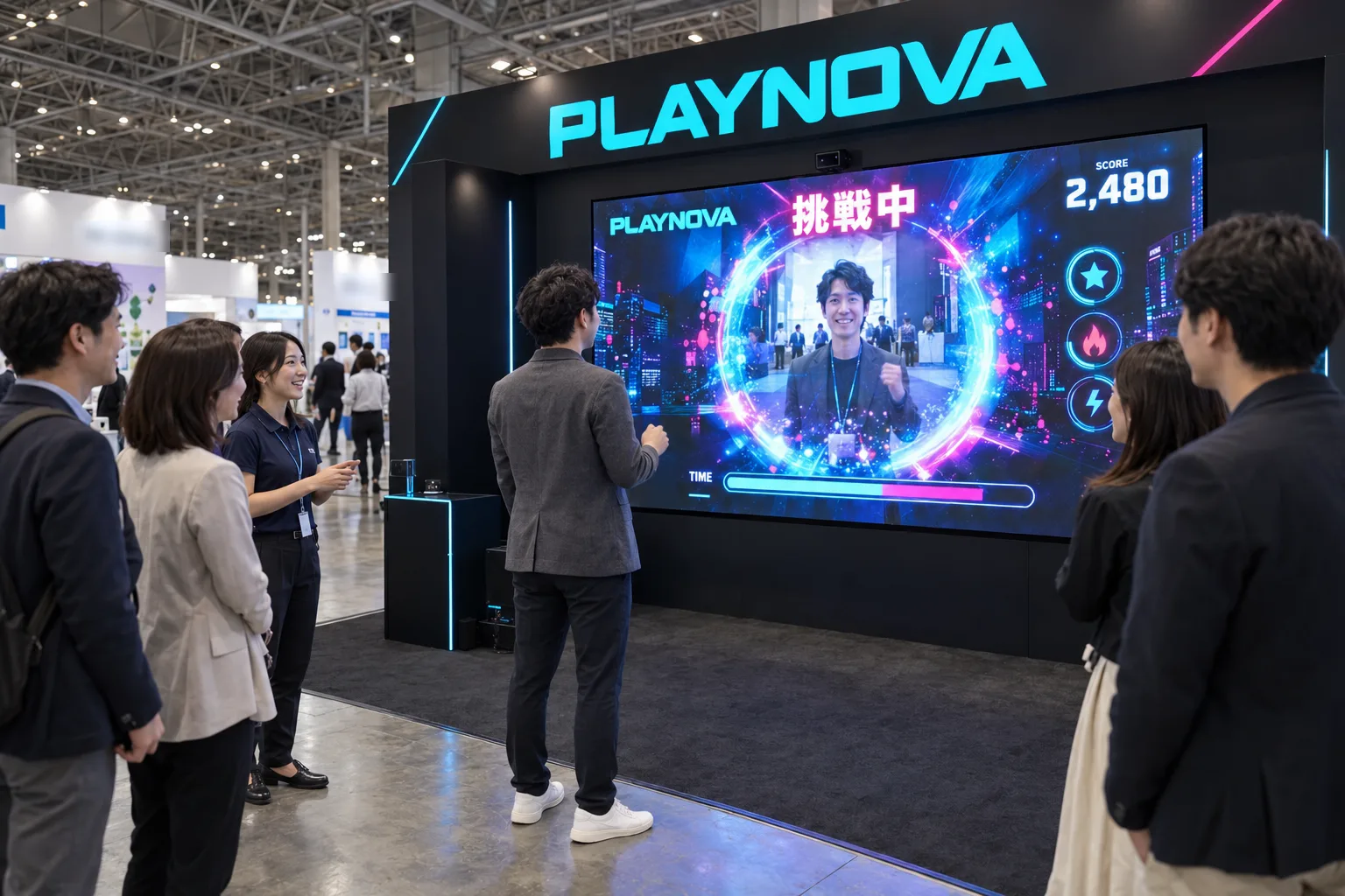 ブースのLEDビジョンの前に来場者が立つと、カメラで映した本人の姿が画面に映り、ゲームのスコアが出ている。周りで来場者が見ている
