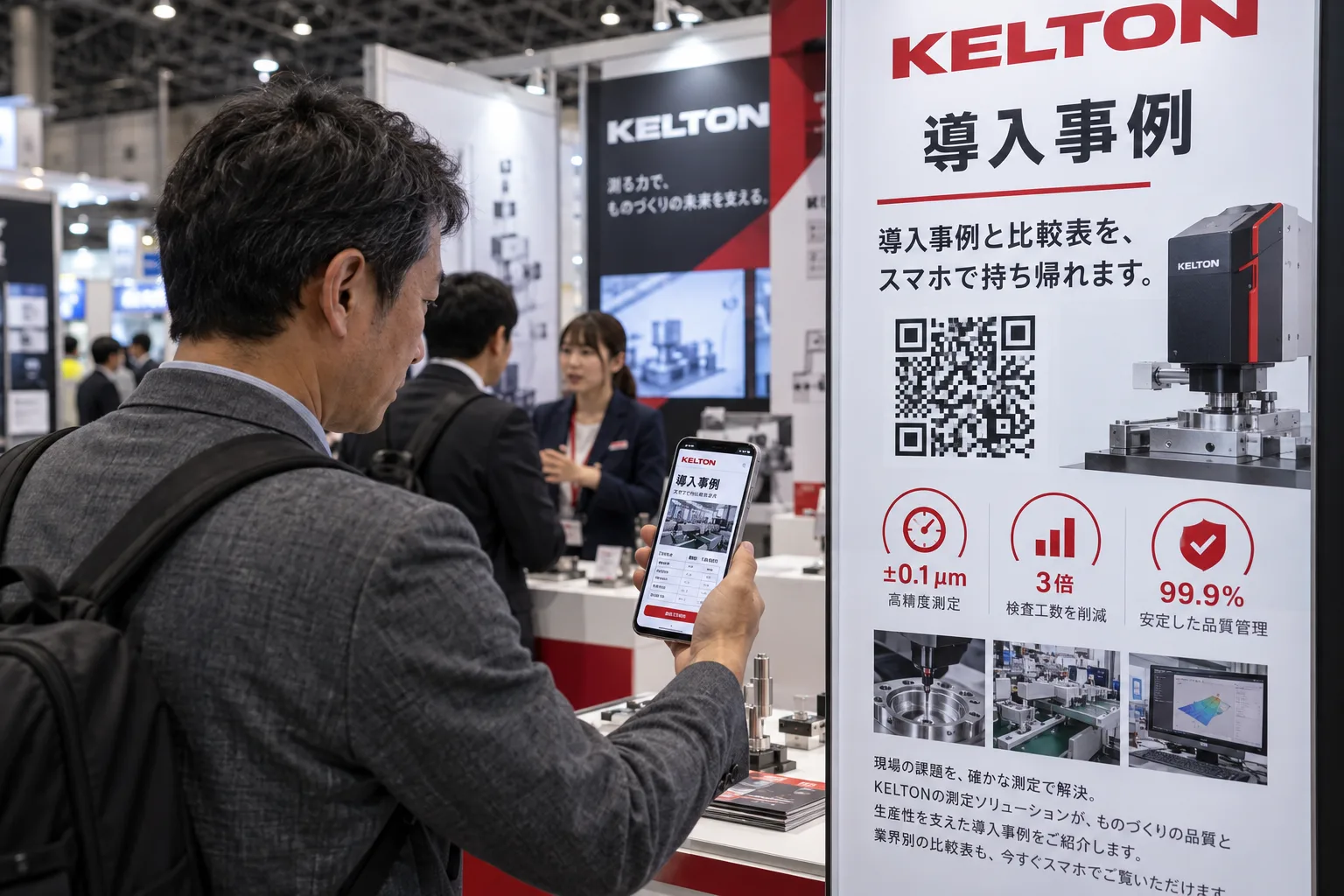 来場者がブースのパネルのQRコードをスマホで読み取り、製品カタログのページを開いている