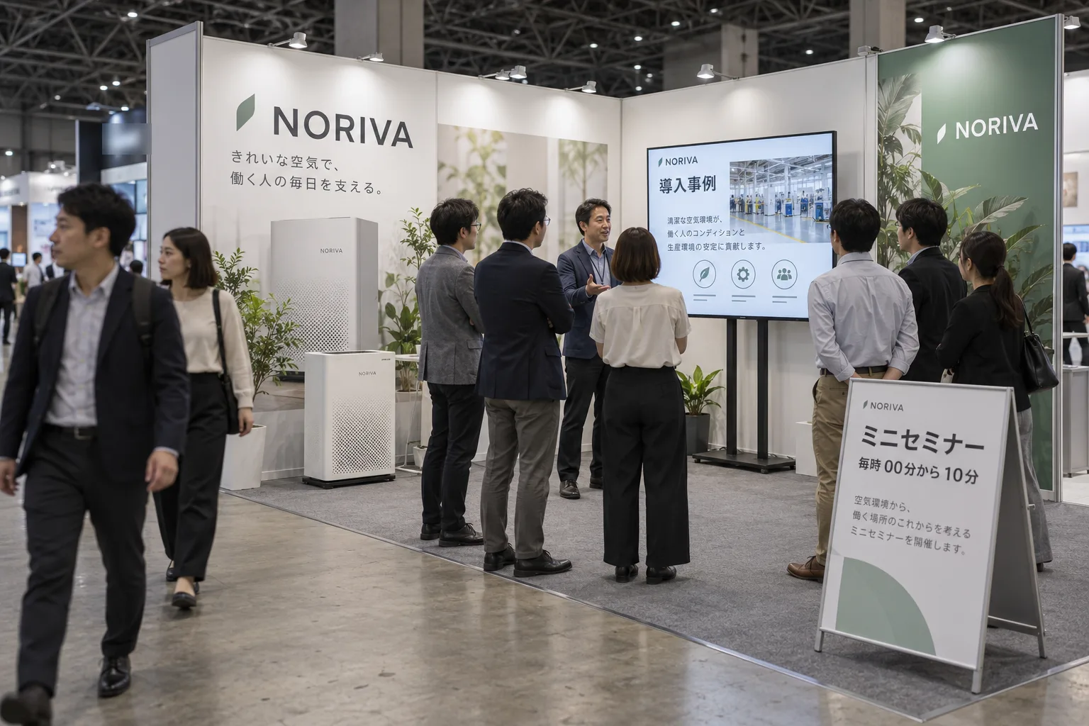 展示会ブースの中で、スタッフがモニターを使って短いセミナーを開き、来場者がブースの中に立って聞いている。入口に「ミニセミナー 毎時00分から10分」の立て看板